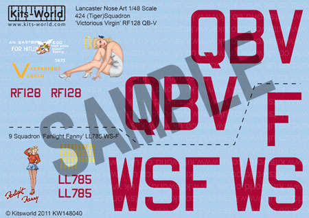 【クリックで詳細表示】KW148040 キッツワールドデカール 1/48 WW.II 英空軍 アブロランカスター＂B＂ Mk.I 第424飛行隊[プラッツ]《在庫切れ》＂Victorious Virgin＂ RF128 QB-V， 第9飛行隊 ＂Fanlight Fanny＂ LL785 WS-F