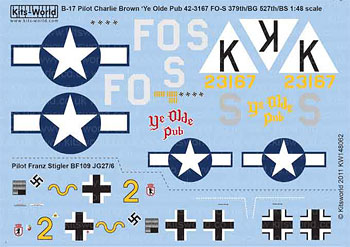 【クリックで詳細表示】KW148062 キッツワールドデカール 1/48 米陸軍航空隊 B-17F フライングフォートレス 第379爆撃飛行群 第527爆撃飛行隊[プラッツ]《発売済・取り寄せ※暫定》チャーリー・ブラウン搭乗機 ’Ye Olde Pub 42-3167 FO-S’ ＆ ドイツ空軍 Bf109 フランツ・スティグラー搭乗機
