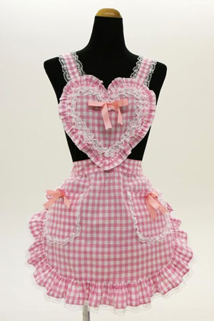 ハートフリルエプロン ギンガムチェック ピンク[クリアストーン]《在庫
