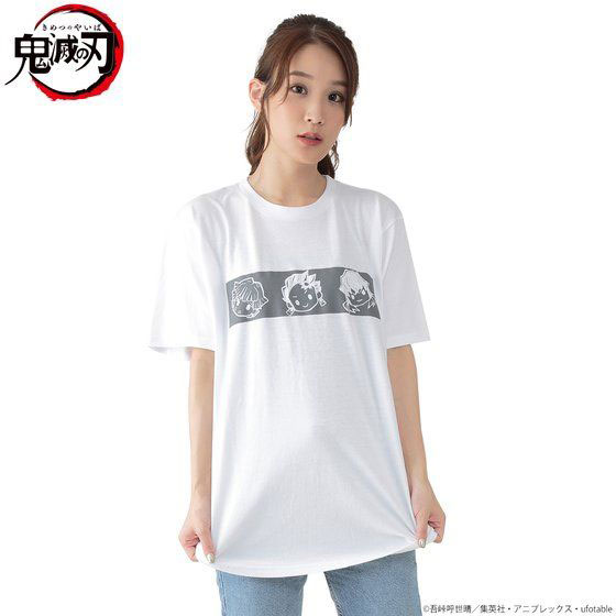 ゆるっと鬼滅の刃 モチーフ柄tシャツ 集合 炭治郎 善逸 伊之助 M ホワイト 再販 バンダイ 在庫切れ