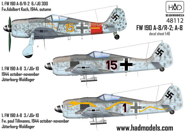 1/48 WW.II ドイツ空軍 フォッケウルフ Fw190 A-8/R-2 A-8 デカール[HADモデル]《在庫切れ》
