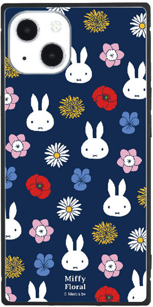 ミッフィー Miffy Floral Iphone 13 対応 スクエアガラスケース ネイビー ラブリーファンシー