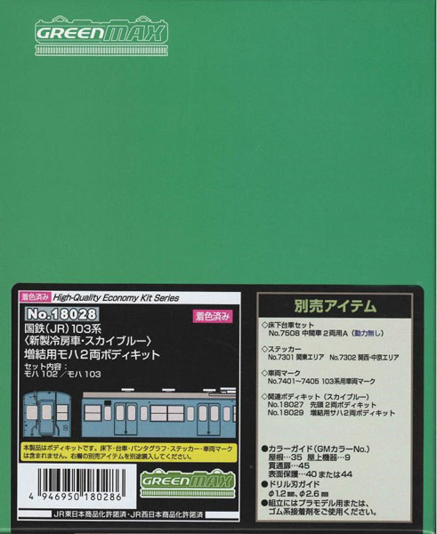 18028 国鉄(JR)103系〈新製冷房車・スカイブルー〉 増結用モハ2両ボディキット[グリーンマックス]