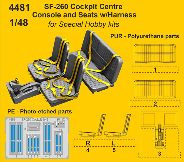 1/48 SF-260用中央操作盤＆シート(ハーネス付き)・スペシャルホビー[CMK]