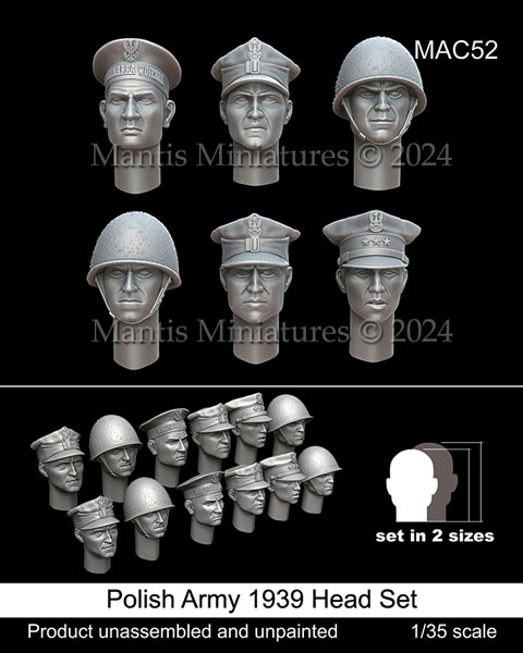 1/35 WWII ポーランド兵1939年 ヘッドセット(6種類2サイズ 12個入)[Mantis Miniatures]