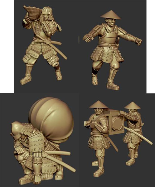 1/72 戦国時代(日本) 螺役(かいやく)、旗指物持、使番、背負陣太鼓(5体