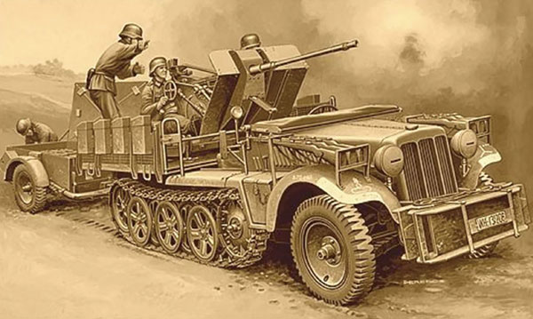 1/35 WW.II ドイツ軍 Sd.Kfz.10/4 1トンハーフトラック 2cm対空機関砲 FlaK30搭載型 弾薬トレーラー付き フィギュア4体付属[イタレリ]